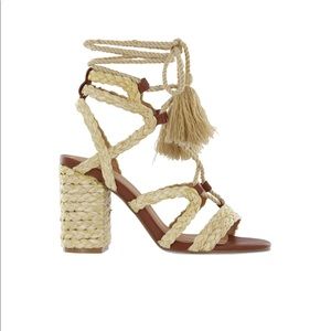 EUC- Raffia Basket Weave Lace Up Boho Block Heels MIA RENITA Size 7 Tan